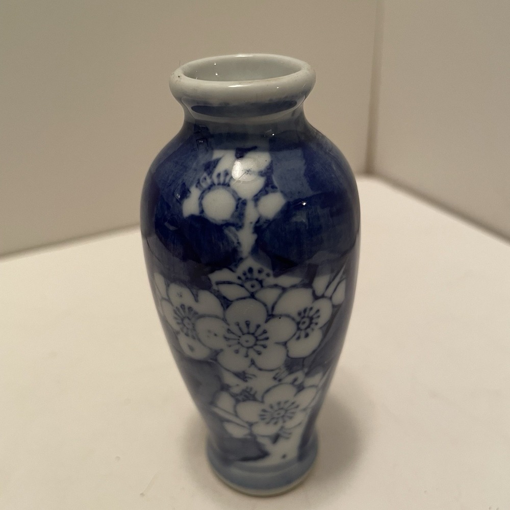 Vintage Miniature Blue And White Bud Vase Chinoiserie Cherry Blossom Motif 3.75"